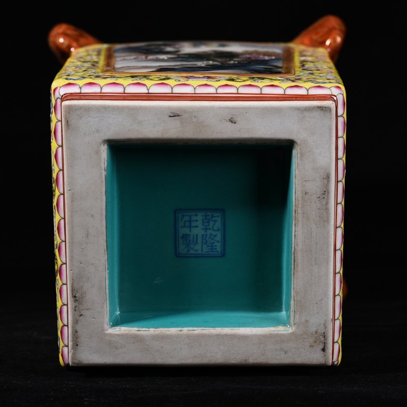 Qing Dynasty Qianlong yellow ground pastel consecrated flower and bird landscape square vase