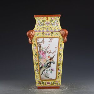 Qing Dynasty Qianlong yellow ground pastel consecrated flower and bird landscape square vase
