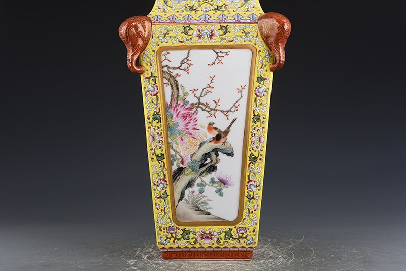 Qing Dynasty Qianlong yellow ground pastel consecrated flower and bird landscape square vase