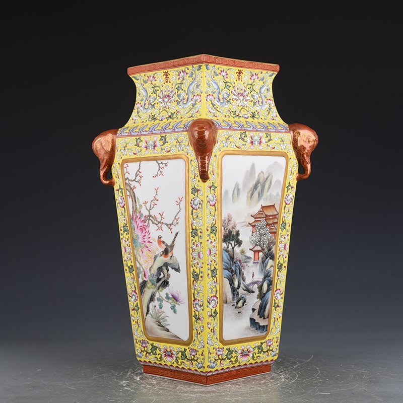 Qing Dynasty Qianlong yellow ground pastel consecrated flower and bird landscape square vase