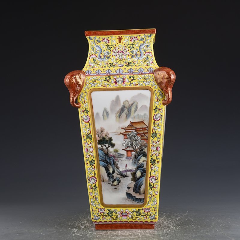 Qing Dynasty Qianlong yellow ground pastel consecrated flower and bird landscape square vase