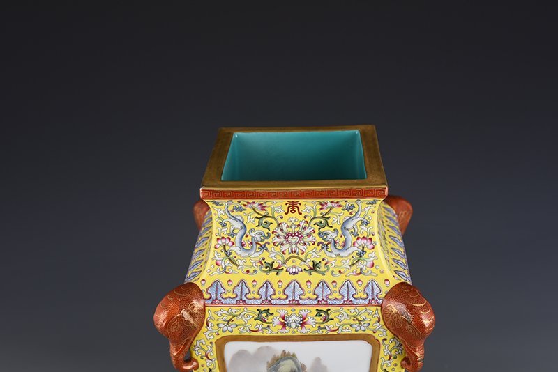 Qing Dynasty Qianlong yellow ground pastel consecrated flower and bird landscape square vase