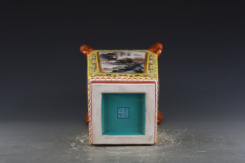 Qing Dynasty Qianlong yellow ground pastel consecrated flower and bird landscape square vase