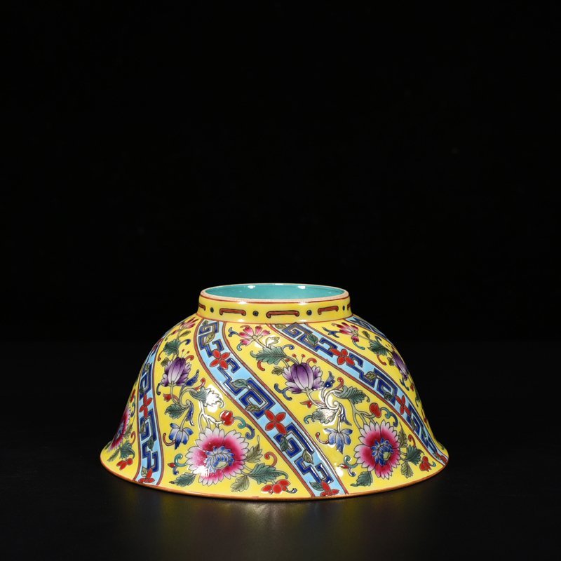 Qing Dynasty Qianlong yellow ground pastel flower bowl