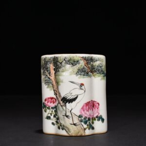 Qing Dynasty Guangxu Xu Shanqin style light crimson color pine and crane pen holder