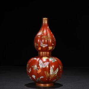 Qing Dynasty Aluminum Red Ground Pastel Gold Painted Gourd Vase