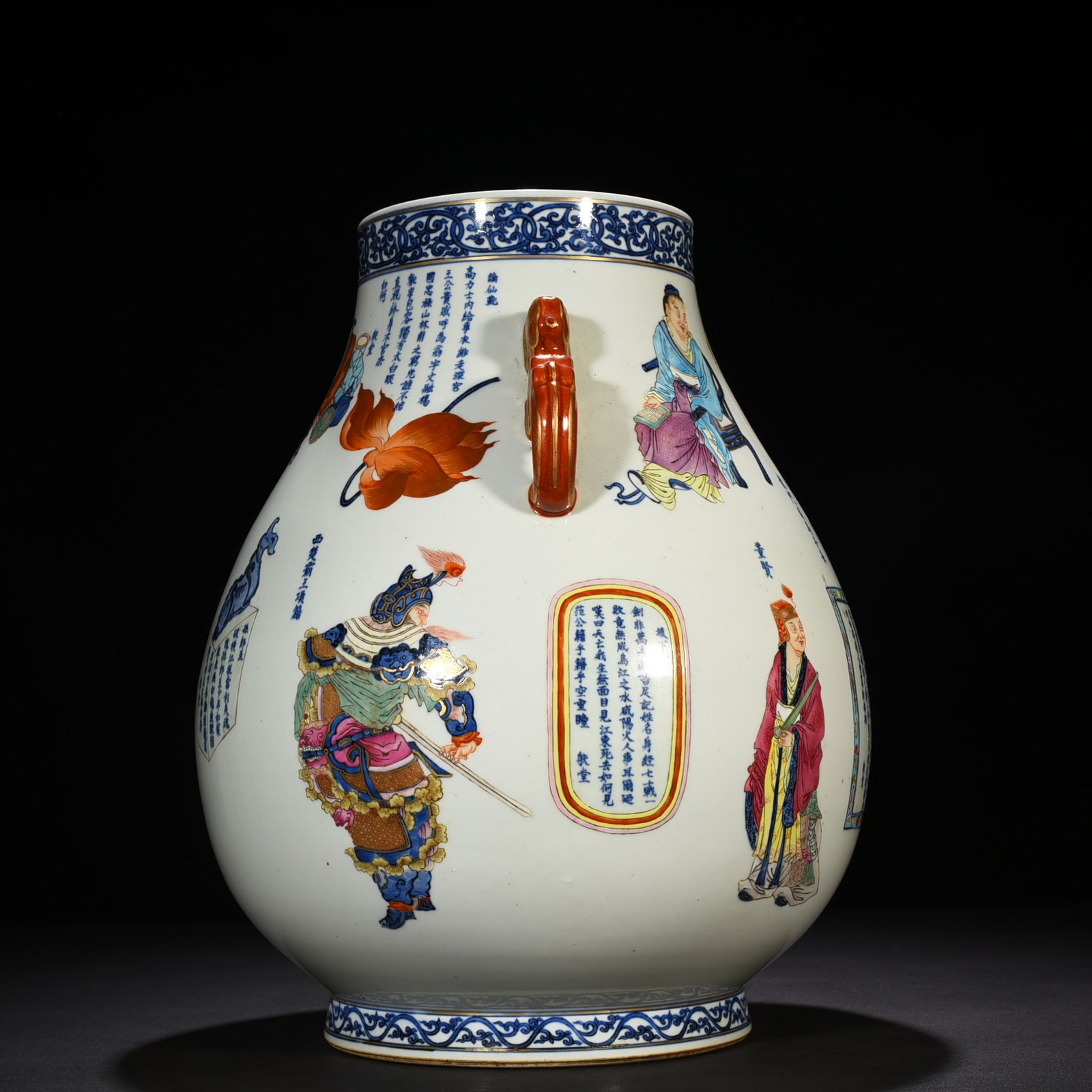 Qing Dynasty blue and white five-color gold-painted double-eared statue