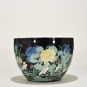Qing Dynasty black ground colorful heron and lotus scroll vat