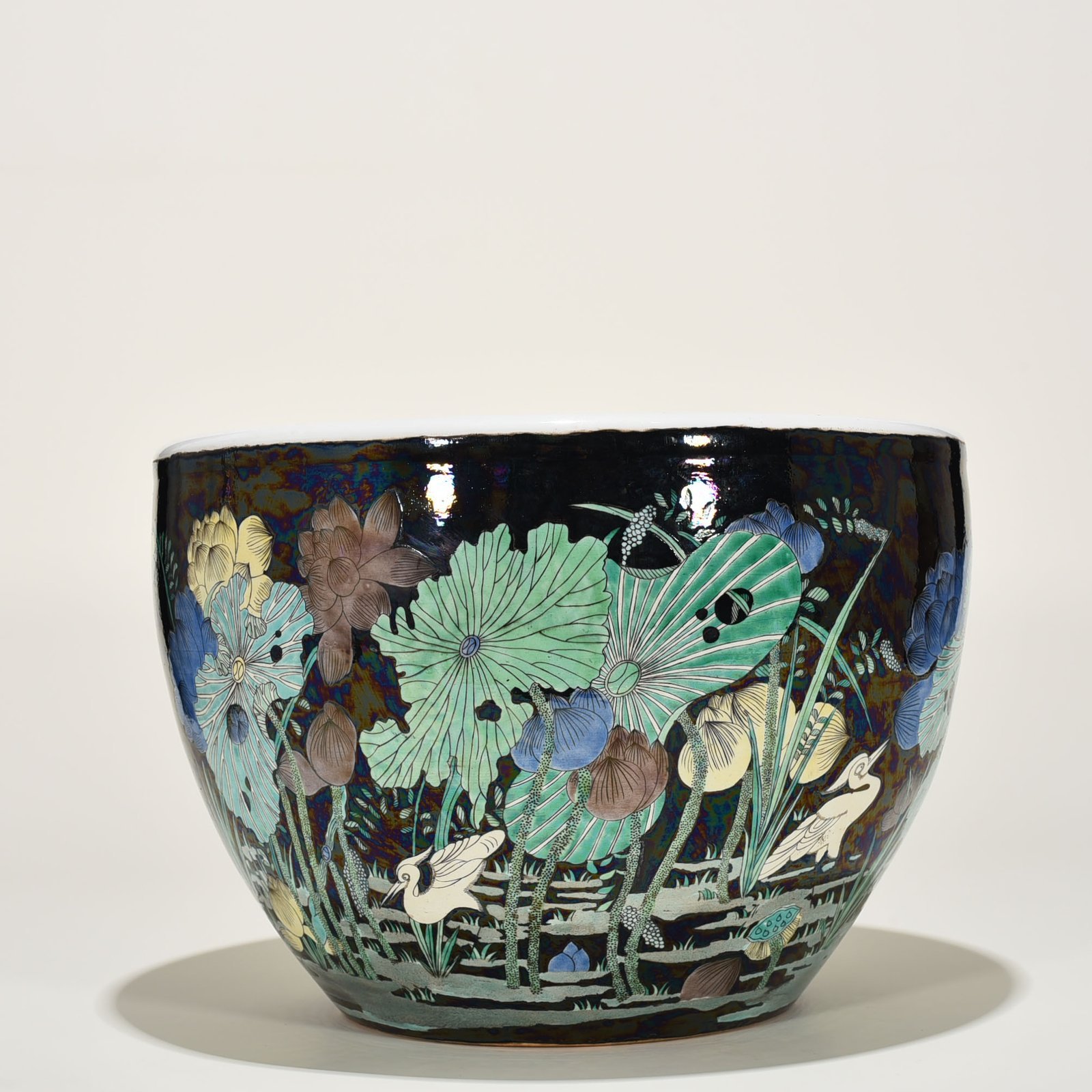 Qing Dynasty black ground colorful heron and lotus scroll vat