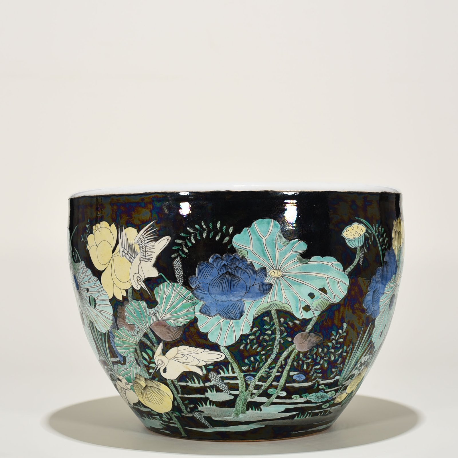Qing Dynasty black ground colorful heron and lotus scroll vat