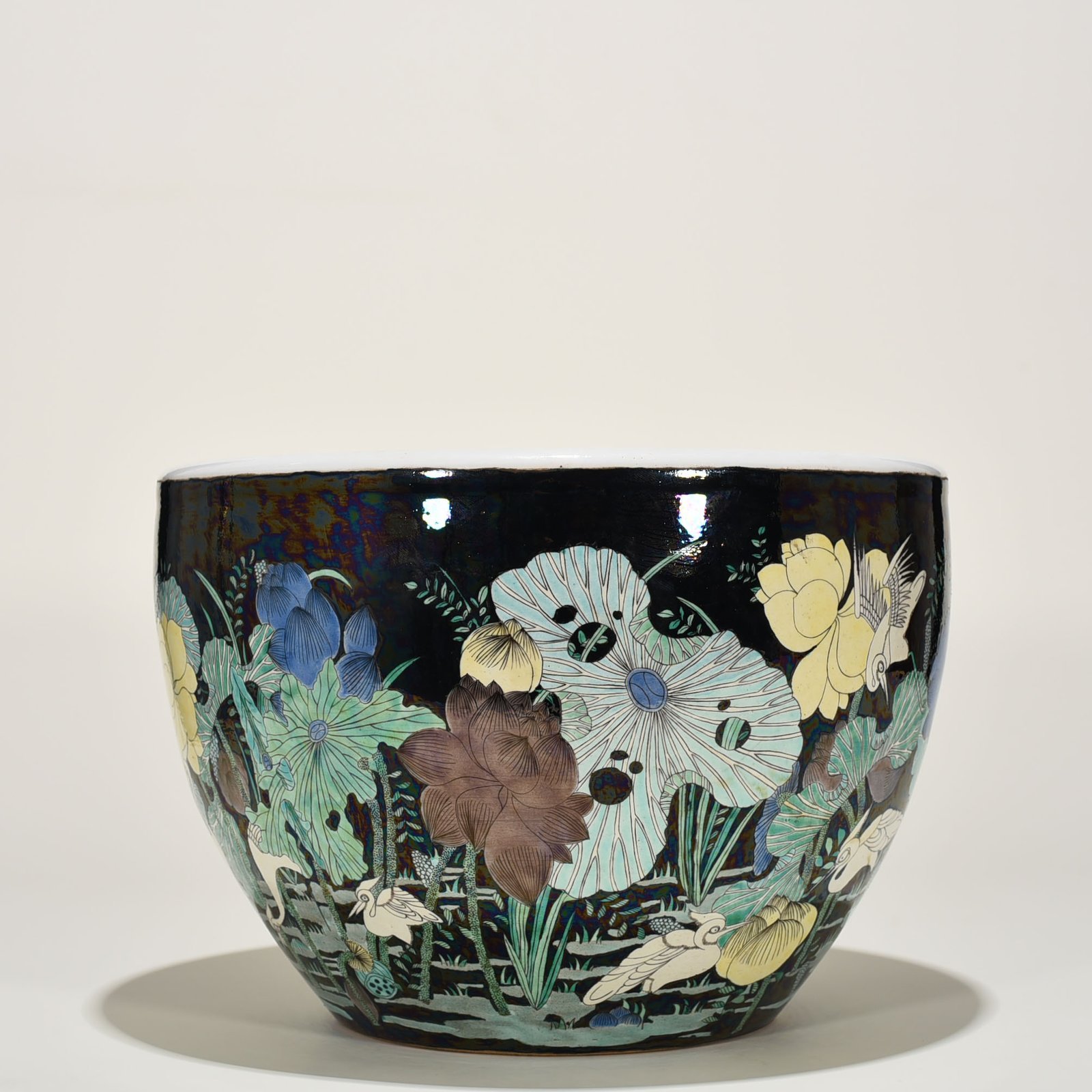 Qing Dynasty black ground colorful heron and lotus scroll vat