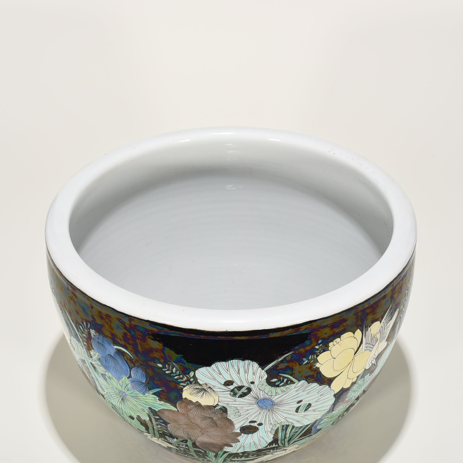 Qing Dynasty black ground colorful heron and lotus scroll vat
