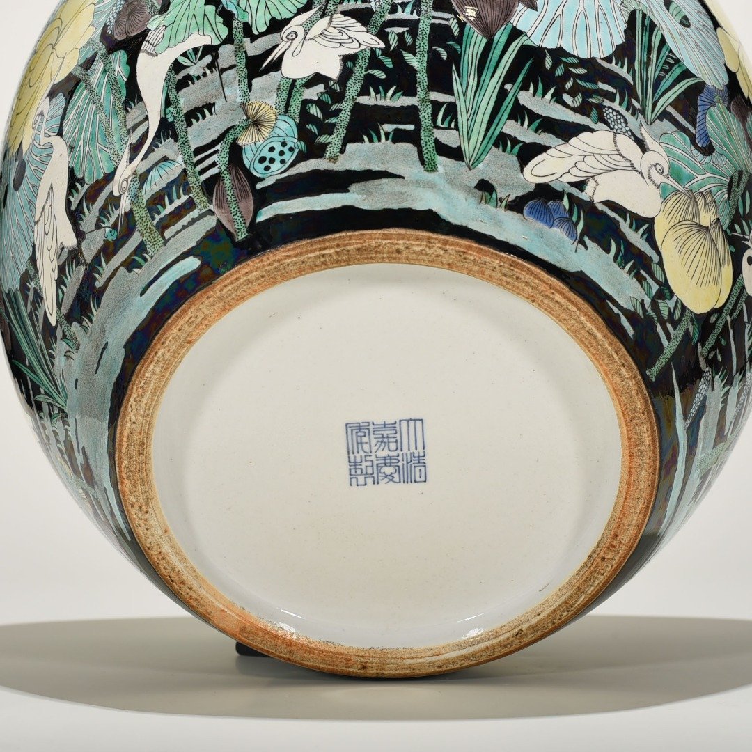 Qing Dynasty black ground colorful heron and lotus scroll vat