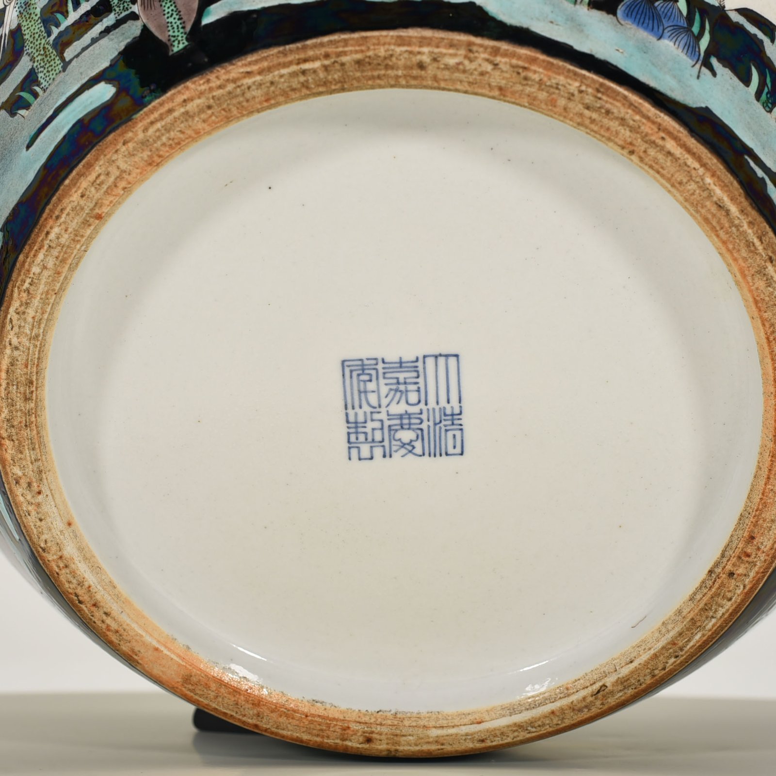 Qing Dynasty black ground colorful heron and lotus scroll vat