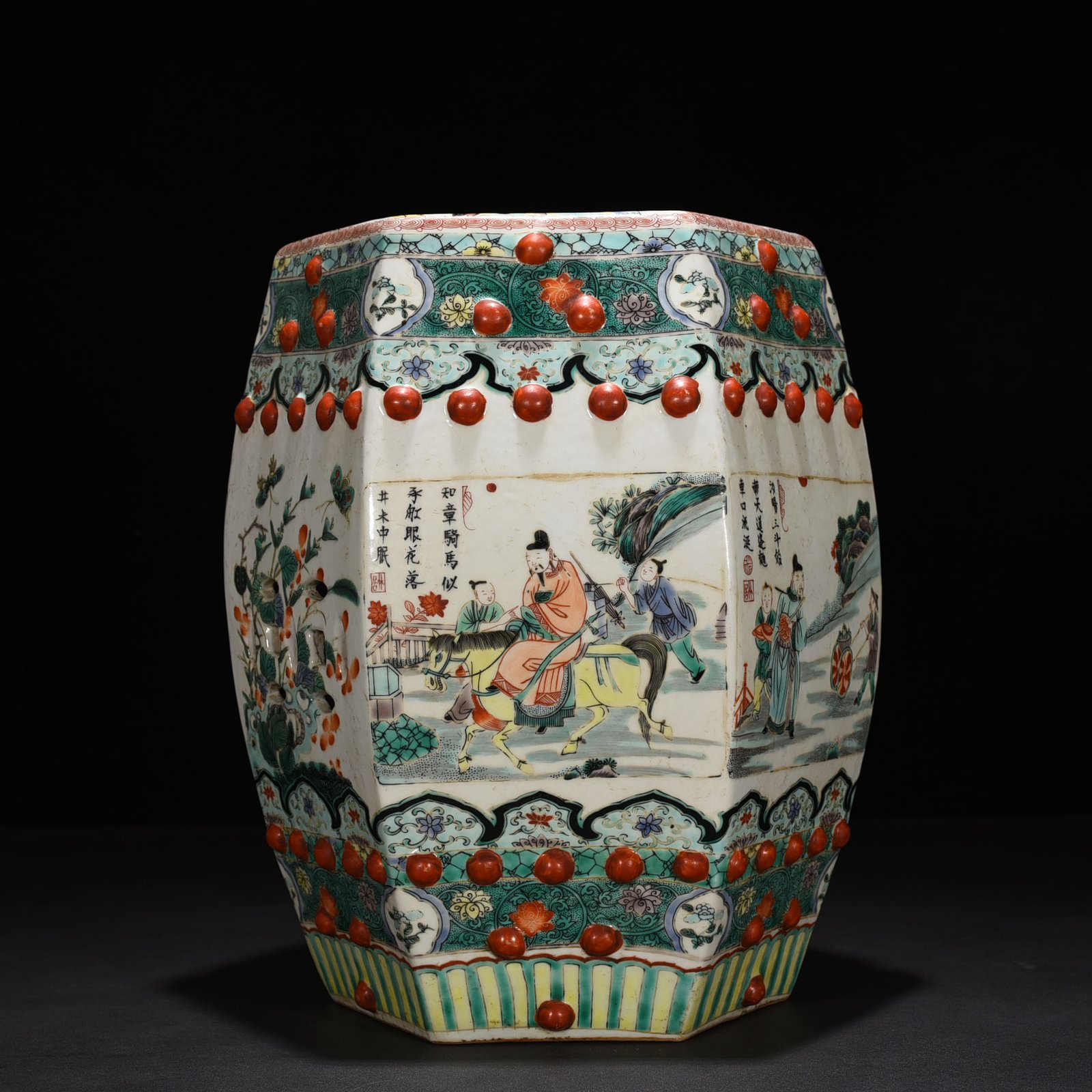 Qing Dynasty Kangxi colorful character story six-square bench