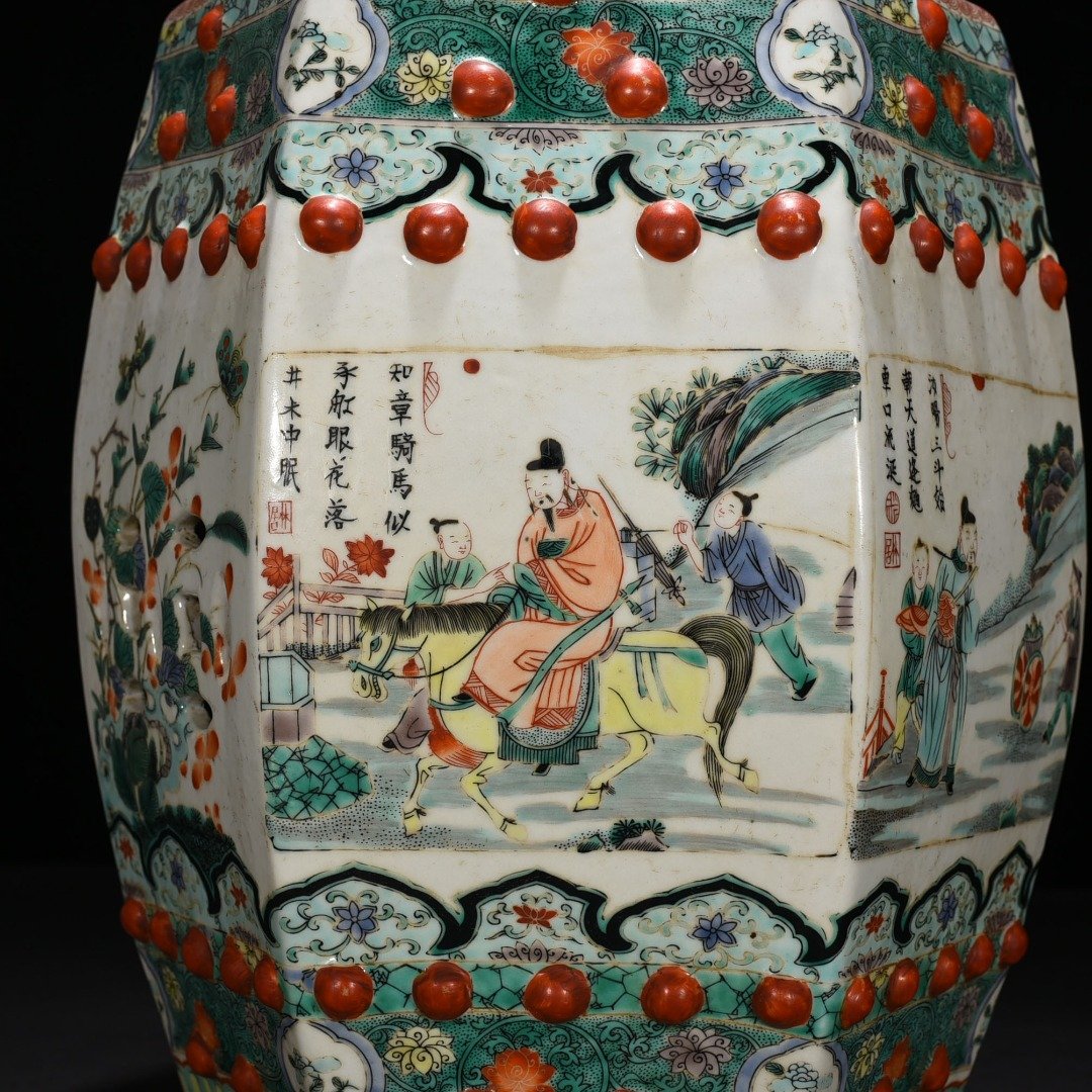 Qing Dynasty Kangxi colorful character story six-square bench