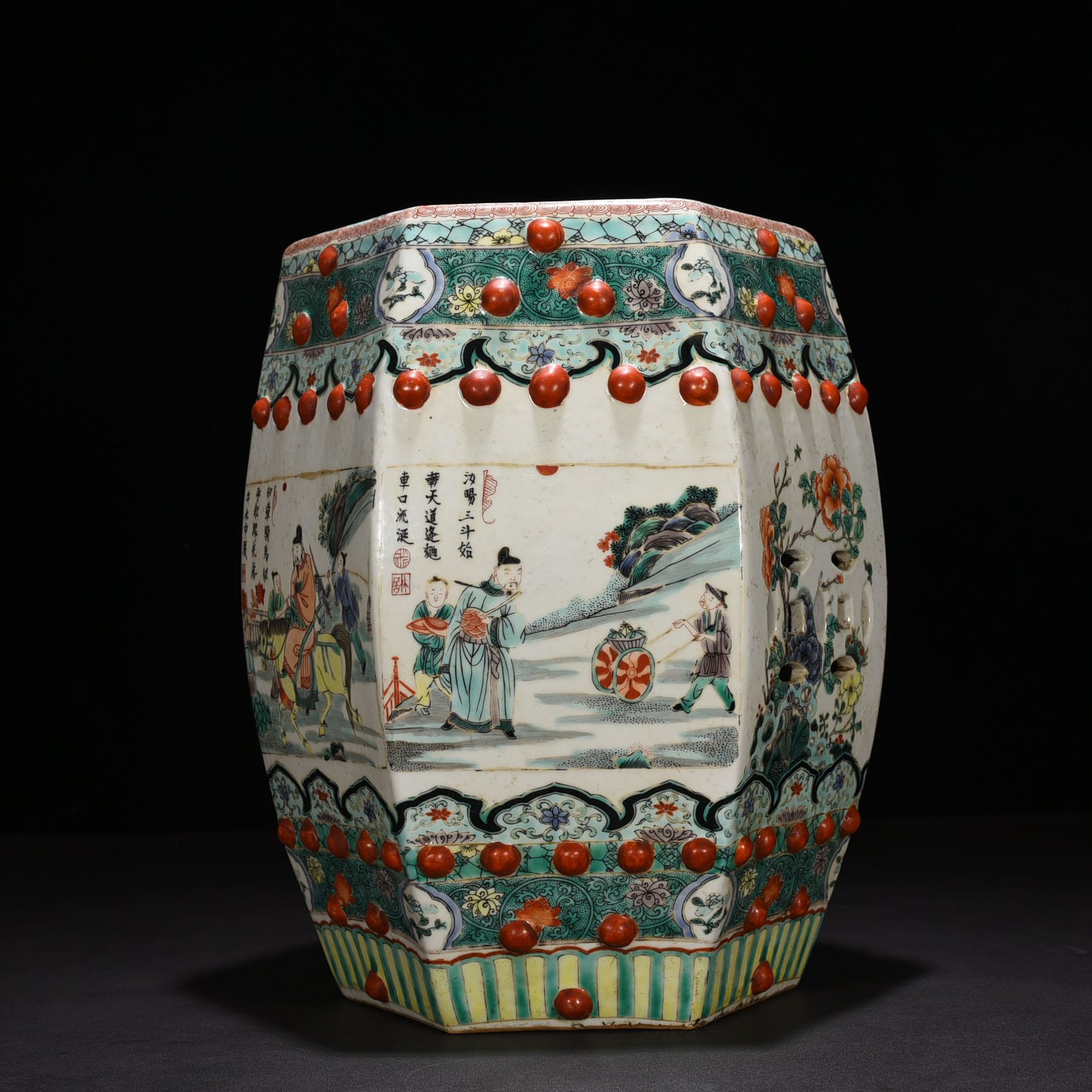 Qing Dynasty Kangxi colorful character story six-square bench