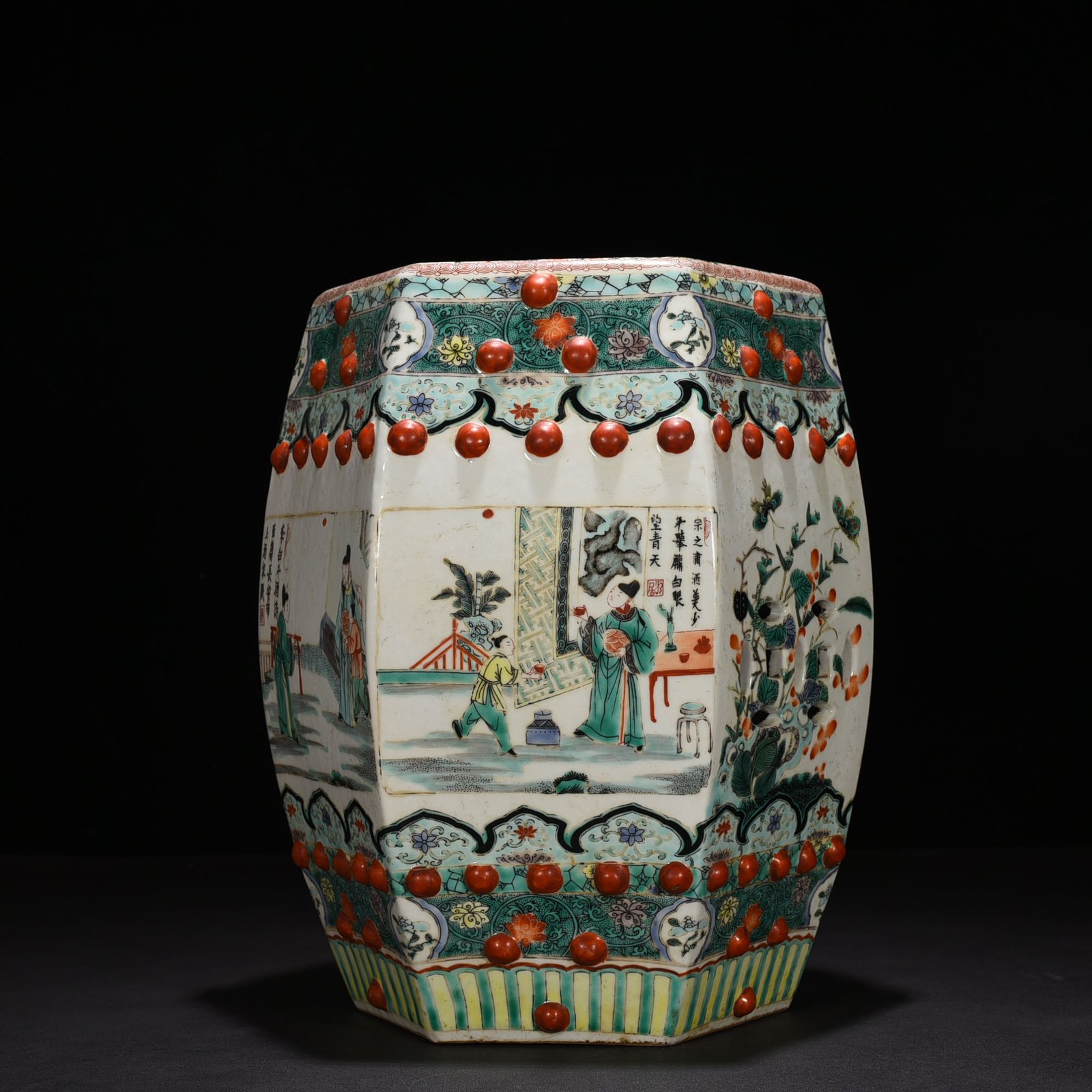 Qing Dynasty Kangxi colorful character story six-square bench