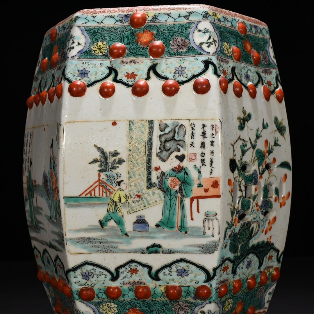 Qing Dynasty Kangxi colorful character story six-square bench