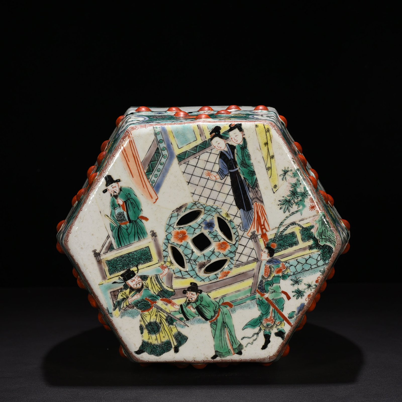 Qing Dynasty Kangxi colorful character story six-square bench