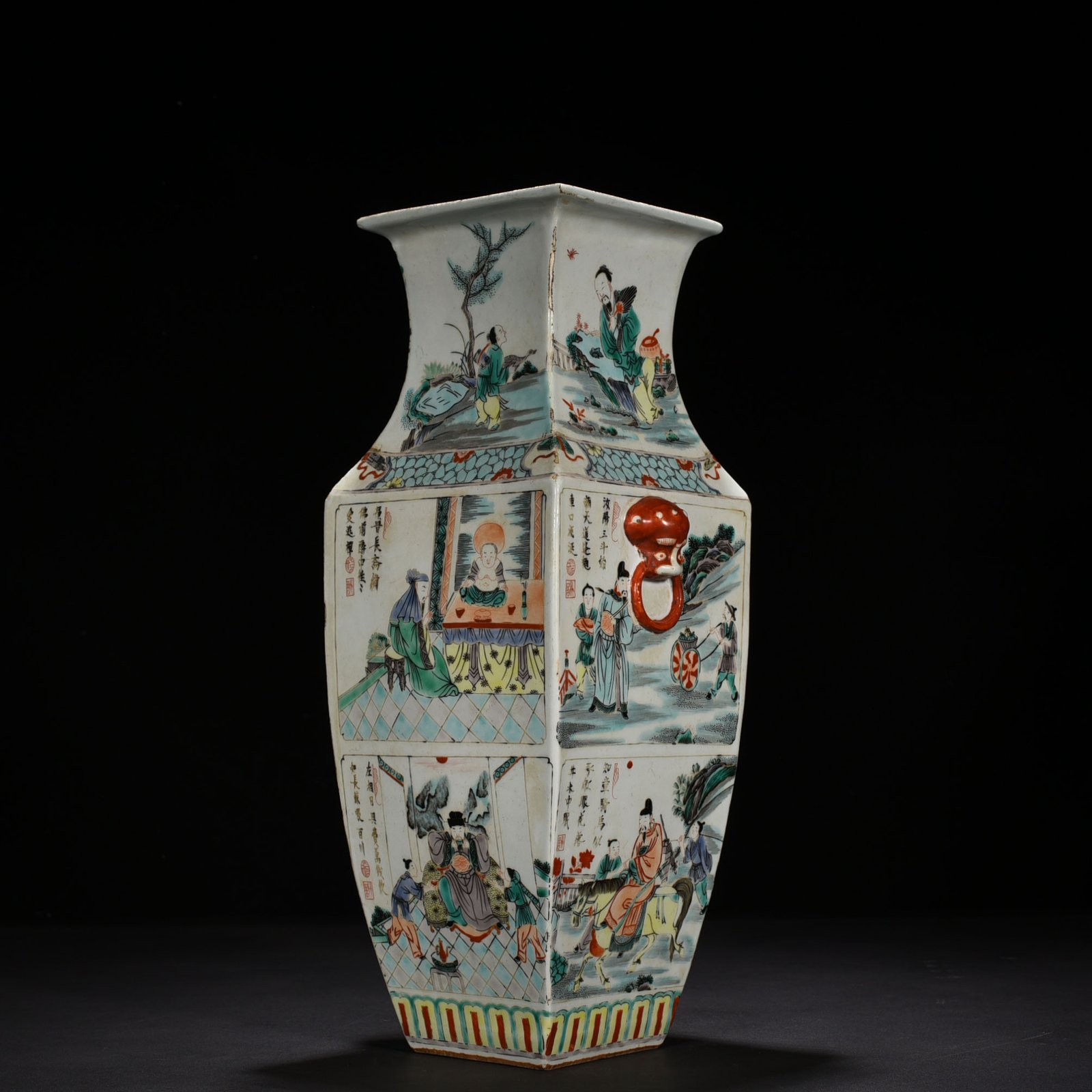 Qing Dynasty Kangxi colorful character story animal ear square vase