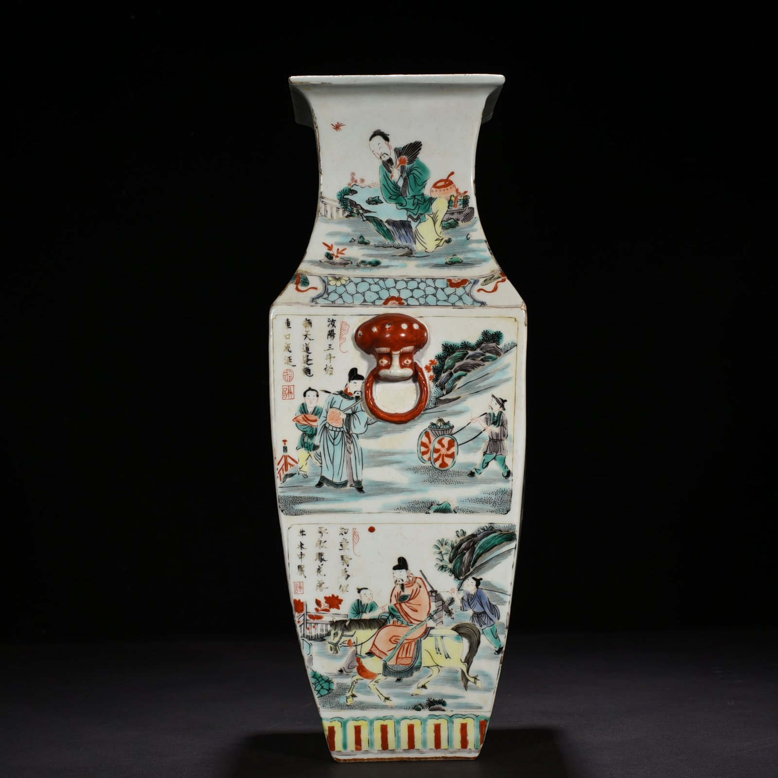 Qing Dynasty Kangxi colorful character story animal ear square vase