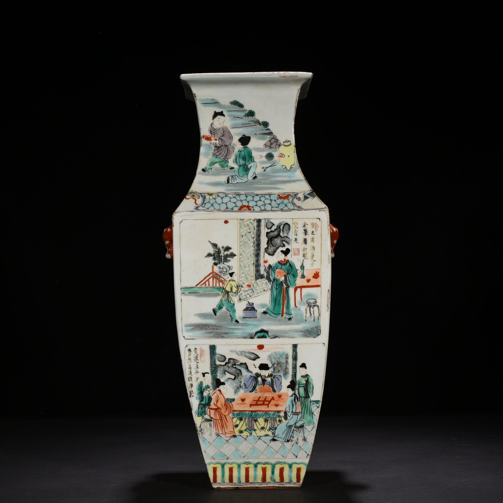 Qing Dynasty Kangxi colorful character story animal ear square vase