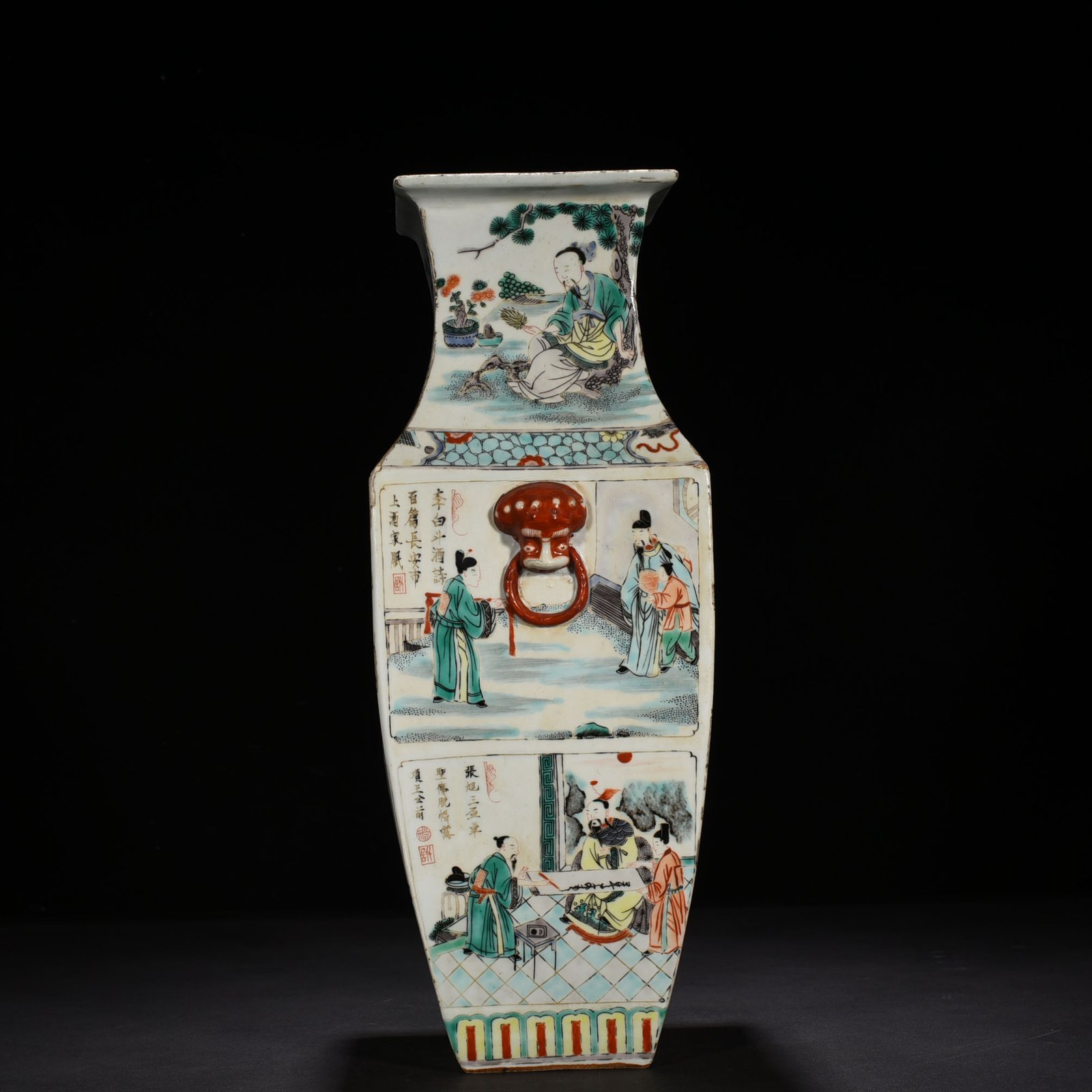 Qing Dynasty Kangxi colorful character story animal ear square vase
