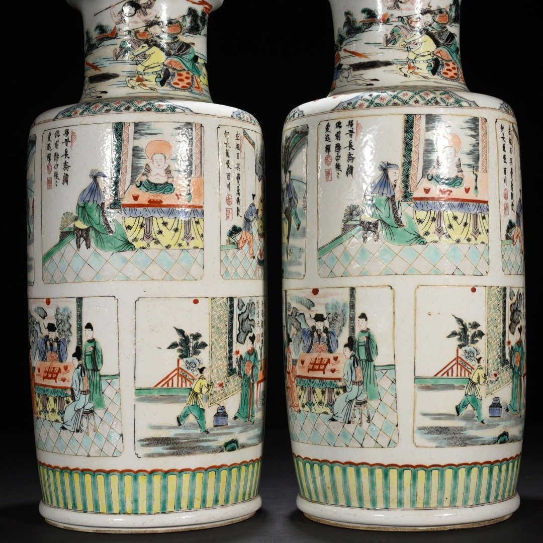 Qing Dynasty Kangxi colorful character story stick vase