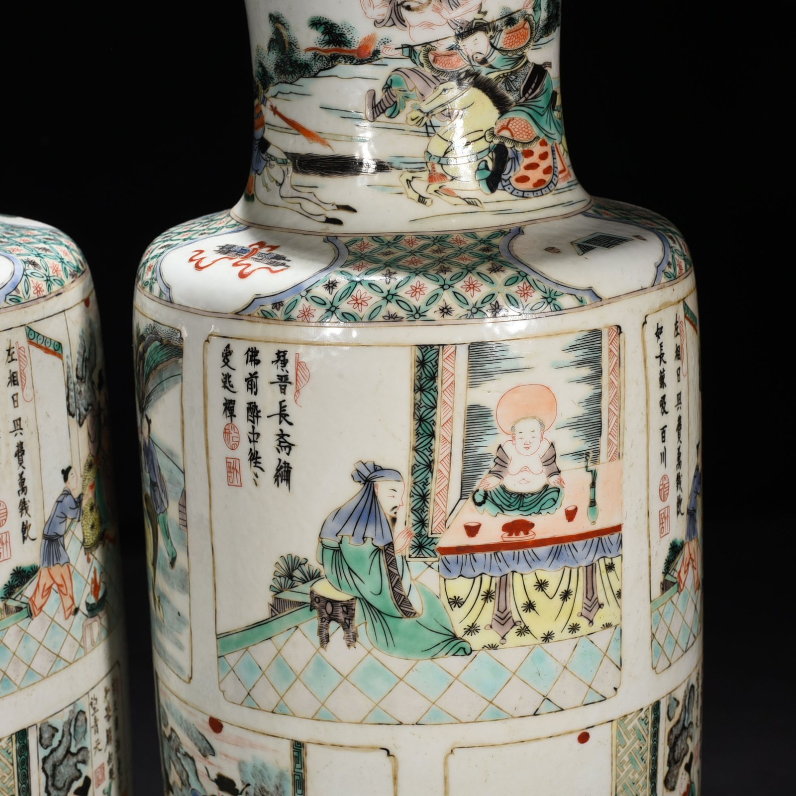 Qing Dynasty Kangxi colorful character story stick vase