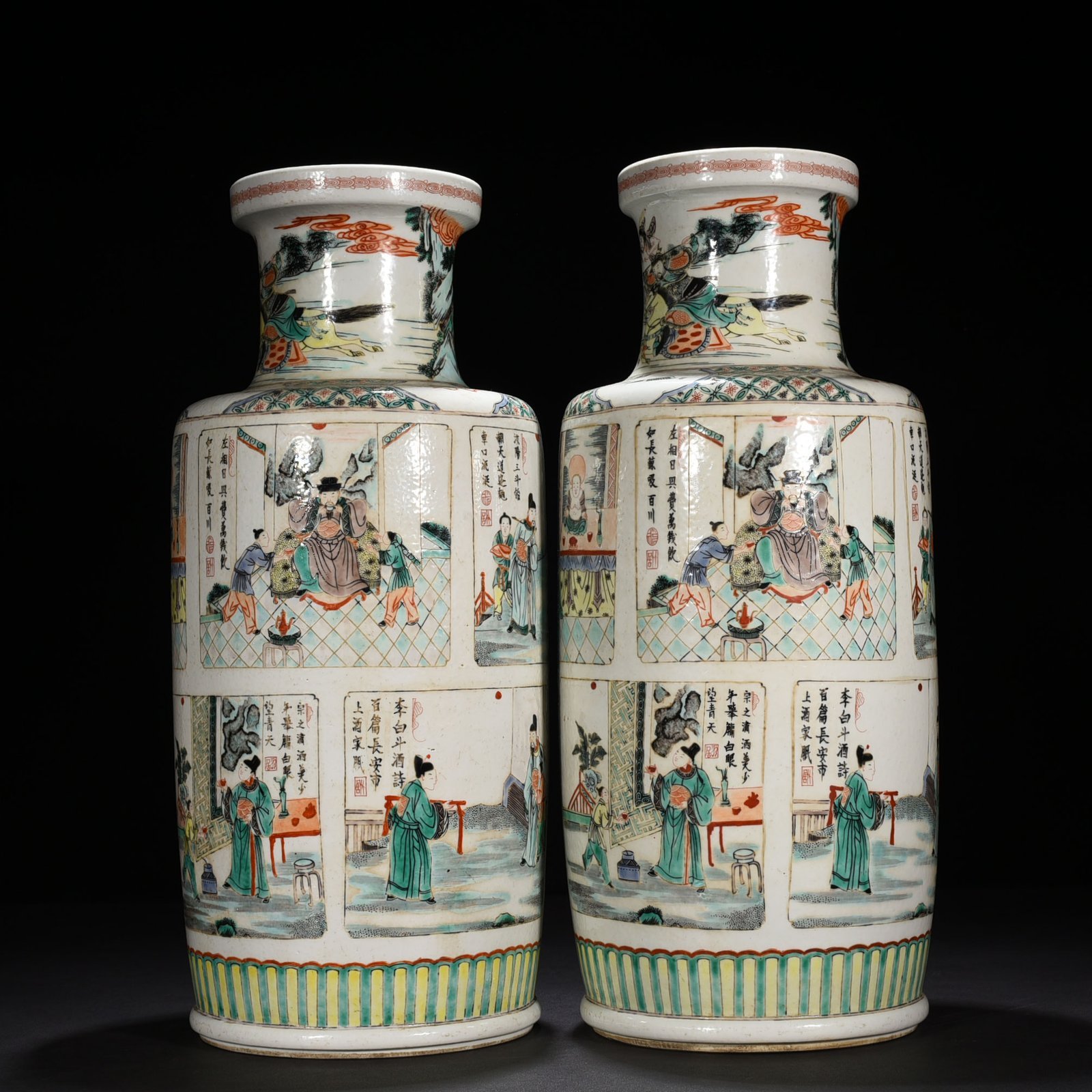 Qing Dynasty Kangxi colorful character story stick vase