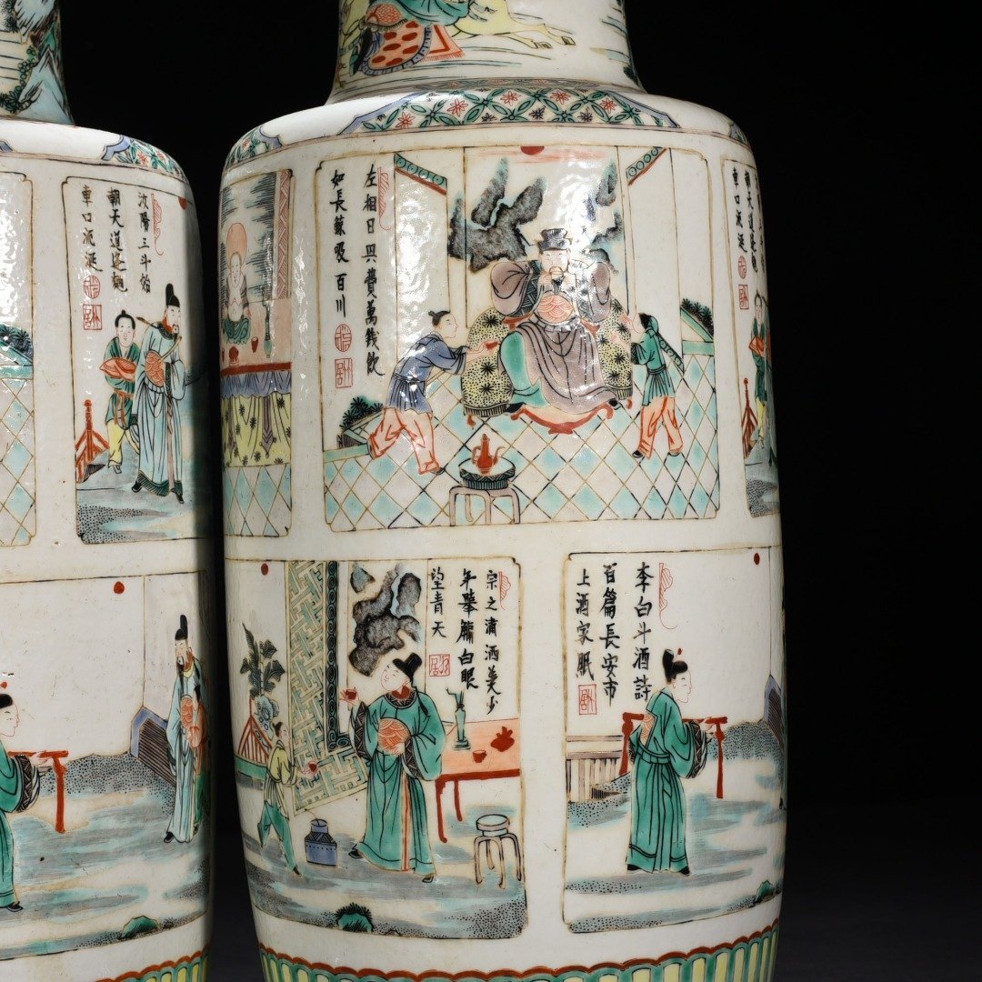 Qing Dynasty Kangxi colorful character story stick vase