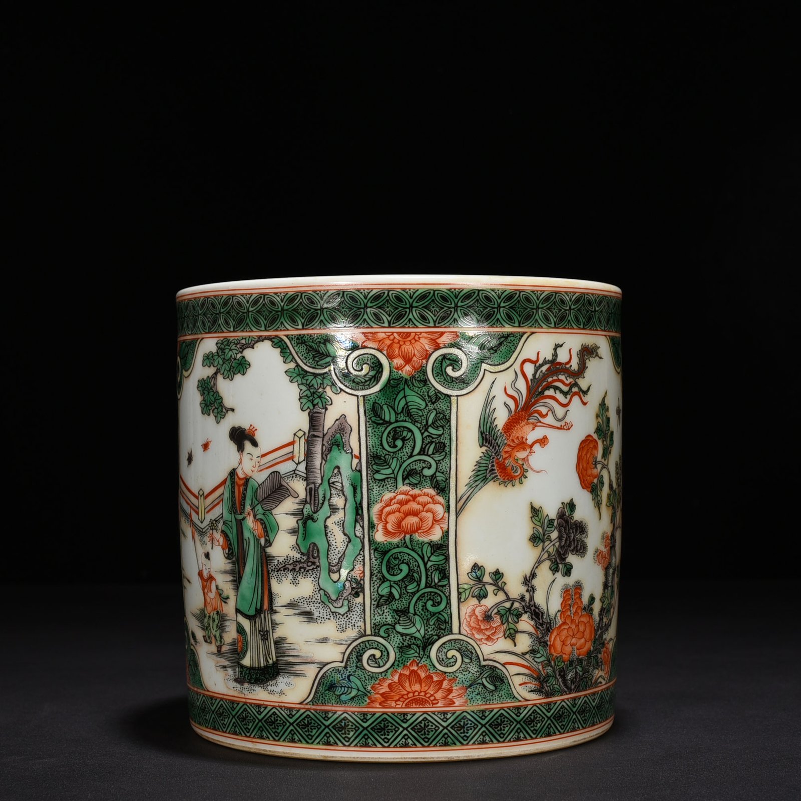 Qing Dynasty Kangxi colorful lady landscape pen holder