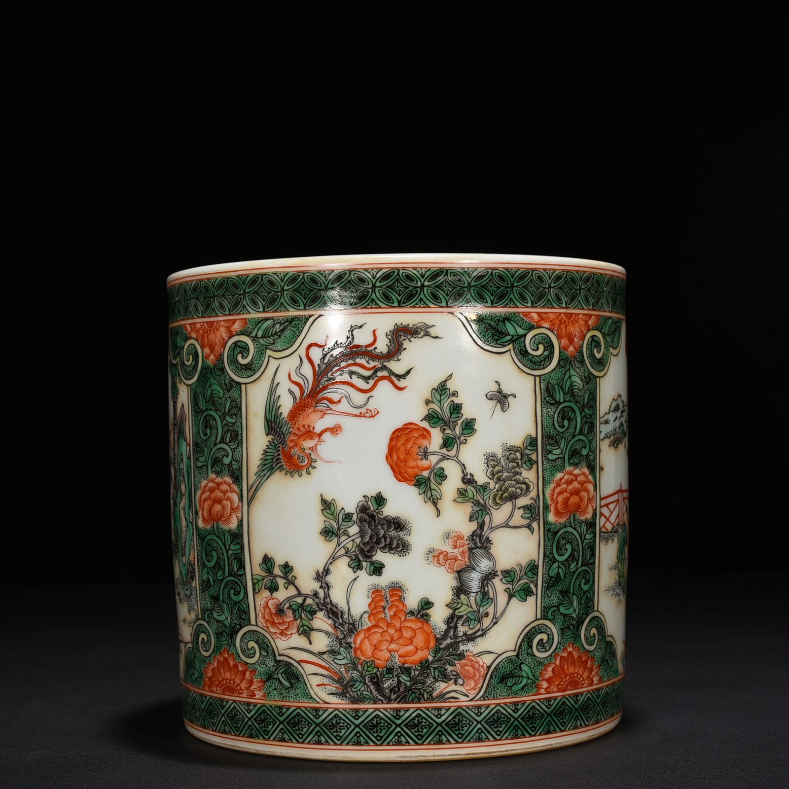 Qing Dynasty Kangxi colorful lady landscape pen holder