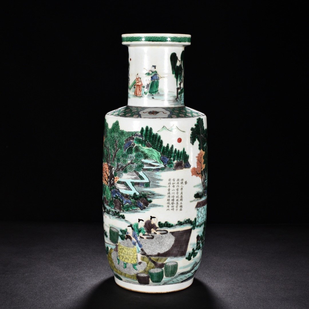 Qing Dynasty Kangxi colorful farmhouse figures mallet bottle