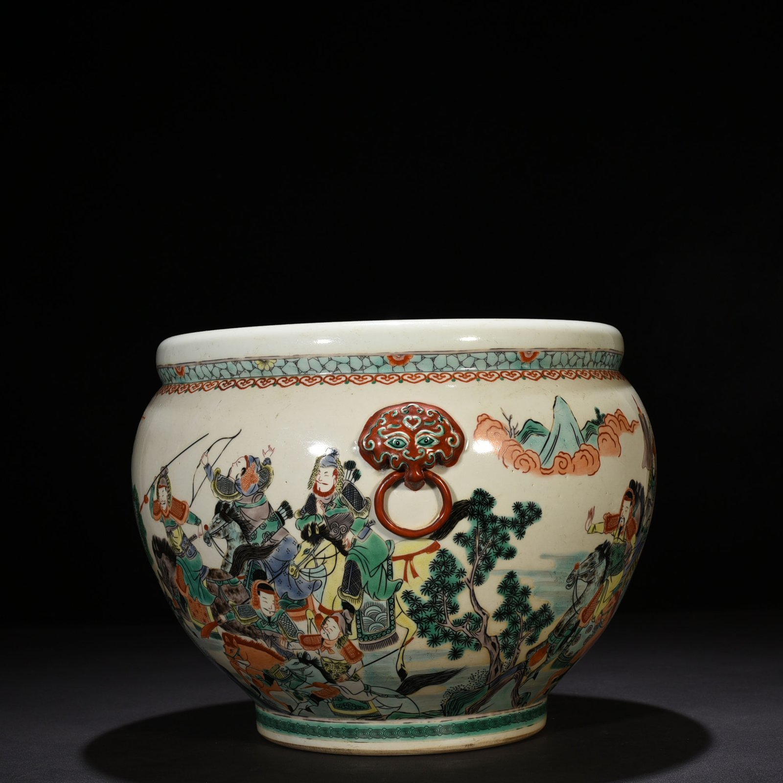 Qing Dynasty Kangxi colorful war generals and stories scroll vat