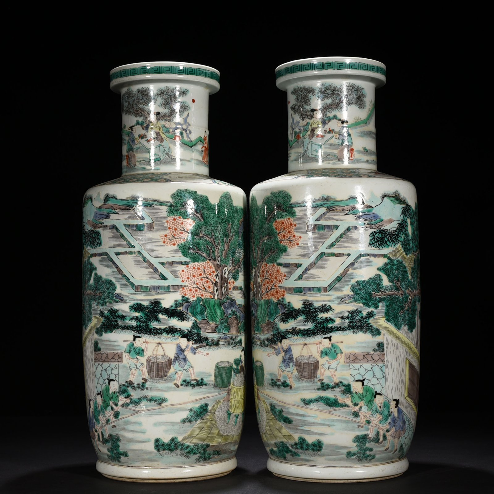 Qing Dynasty Kangxi colorful spring plowing picture character story stick vase