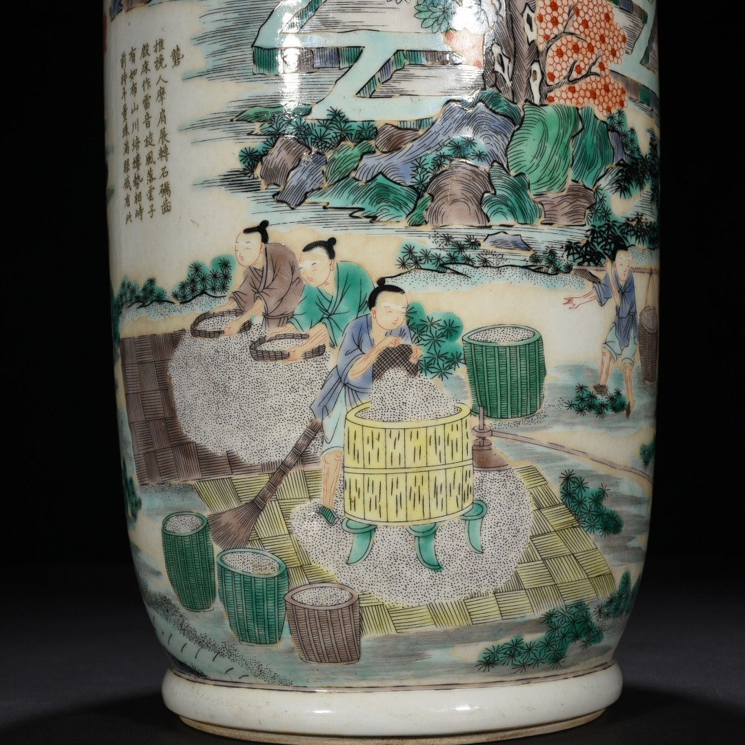 Qing Dynasty Kangxi colorful spring plowing picture character story stick vase