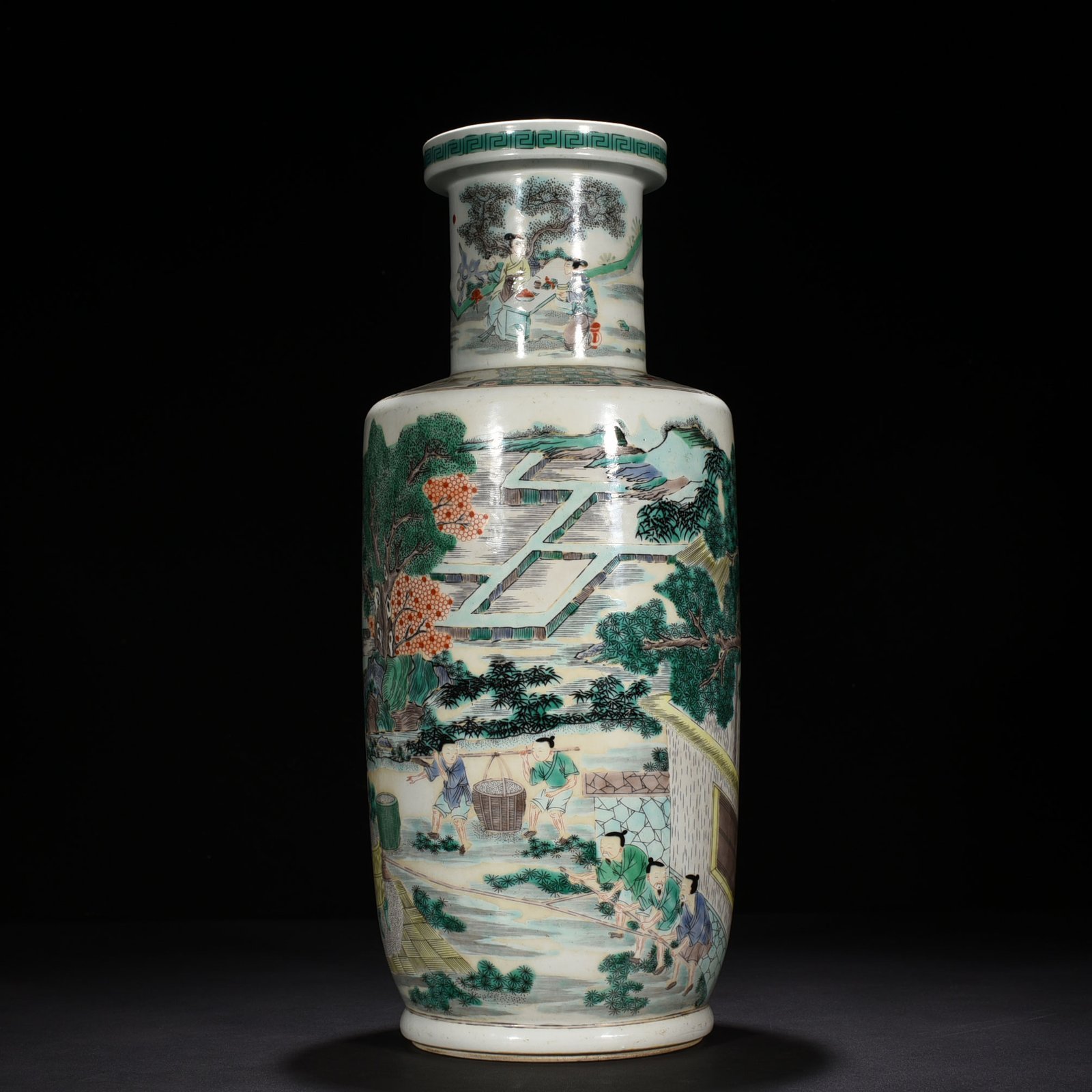 Qing Dynasty Kangxi colorful spring plowing picture character story stick vase