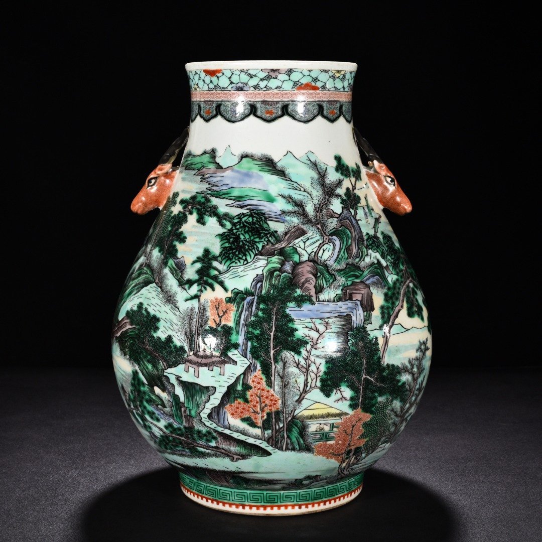 Qing Dynasty Kangxi colorful fisherman’s music landscape deer head statue