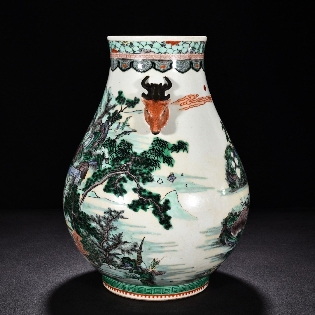 Qing Dynasty Kangxi colorful fisherman’s music landscape deer head statue
