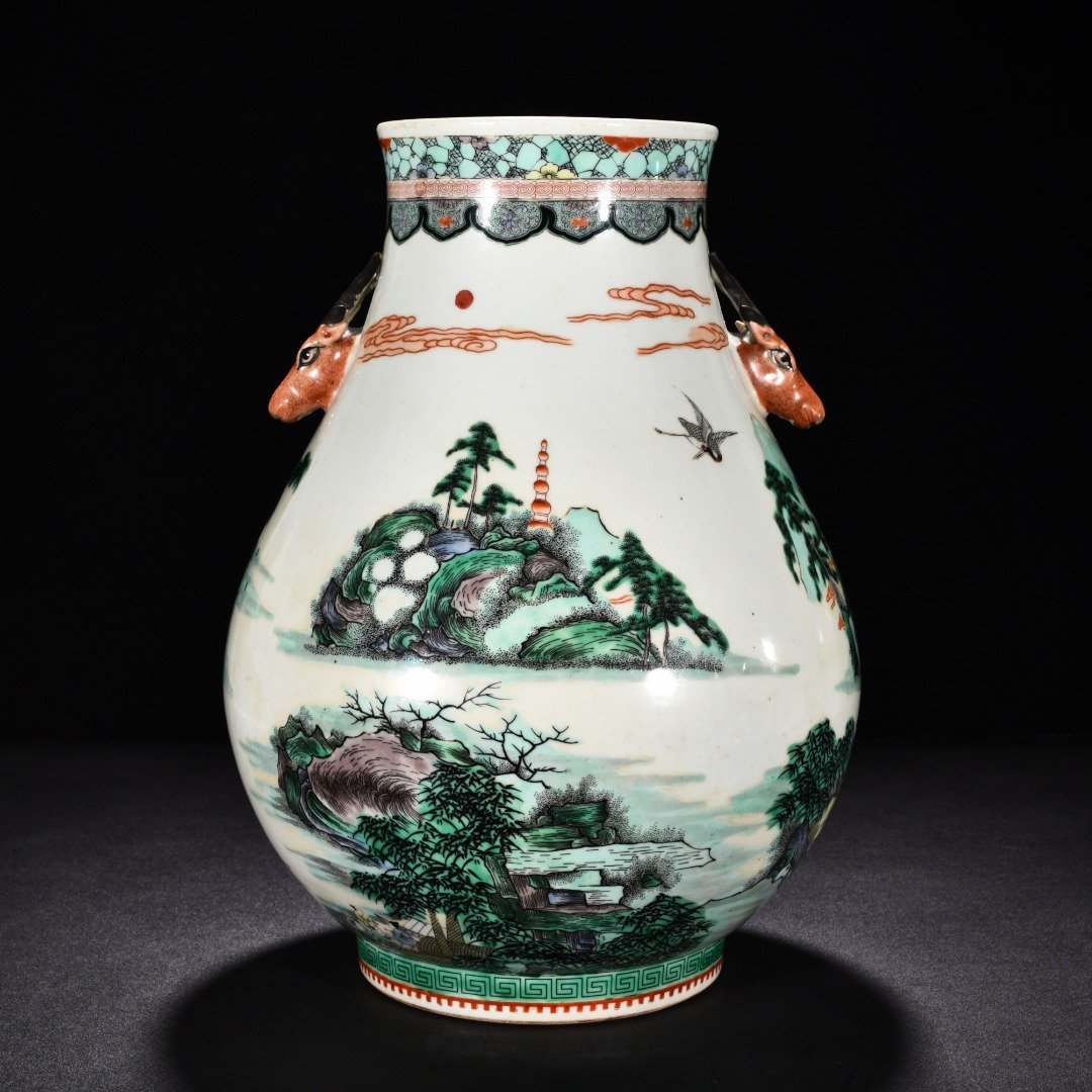 Qing Dynasty Kangxi colorful fisherman’s music landscape deer head statue