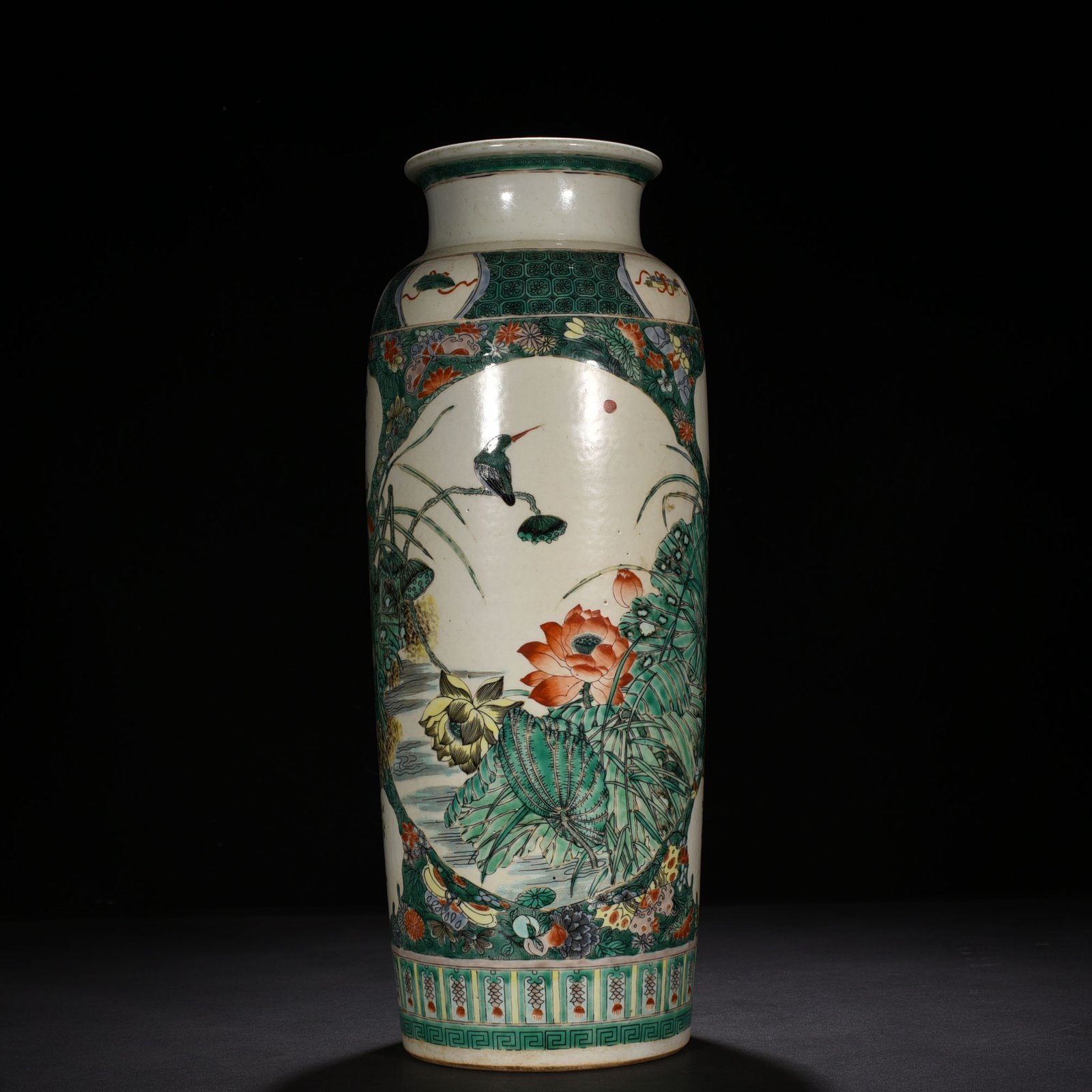 Qing Dynasty Kangxi colorful kingfisher and flower cylinder vase
