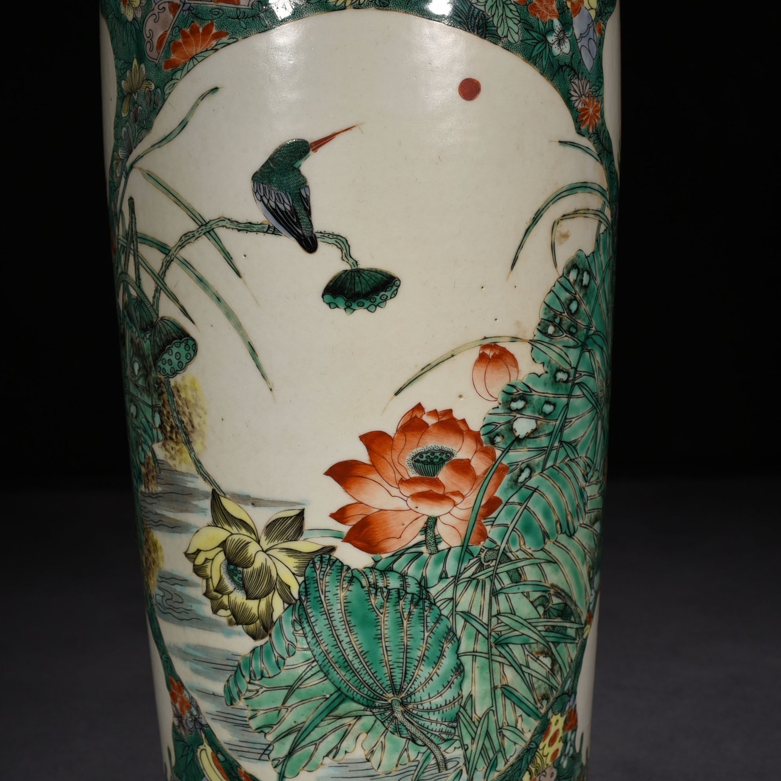 Qing Dynasty Kangxi colorful kingfisher and flower cylinder vase