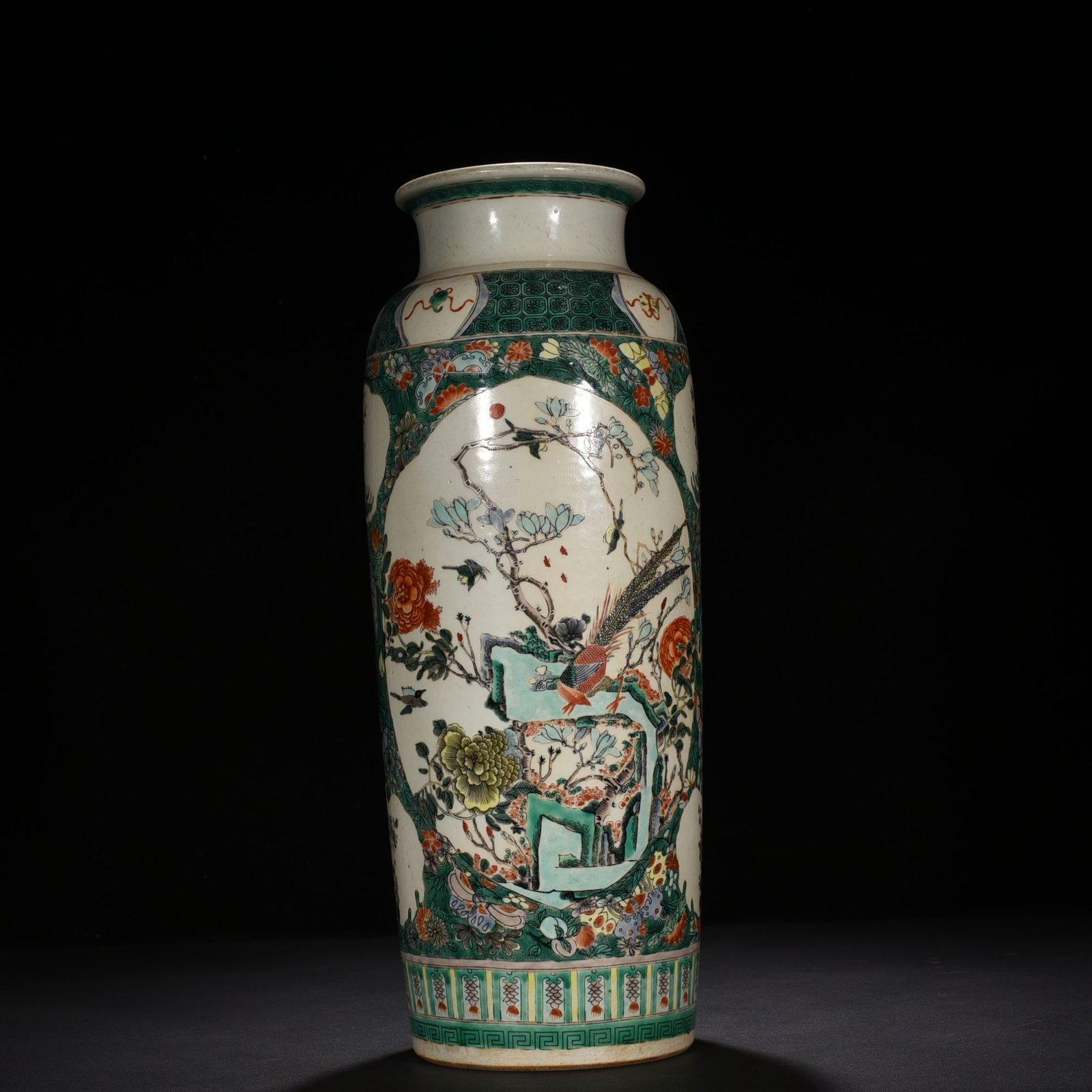 Qing Dynasty Kangxi colorful kingfisher and flower cylinder vase