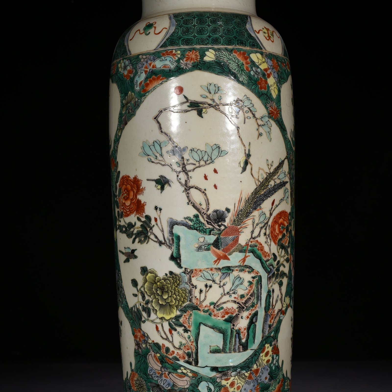 Qing Dynasty Kangxi colorful kingfisher and flower cylinder vase