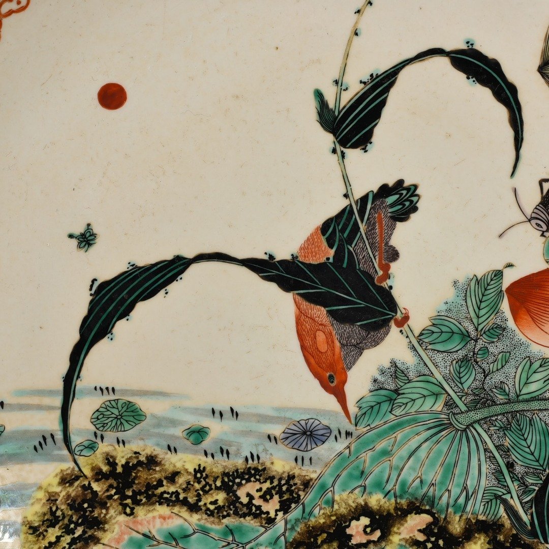 Qing Dynasty Kangxi colorful lotus flower and bird plate