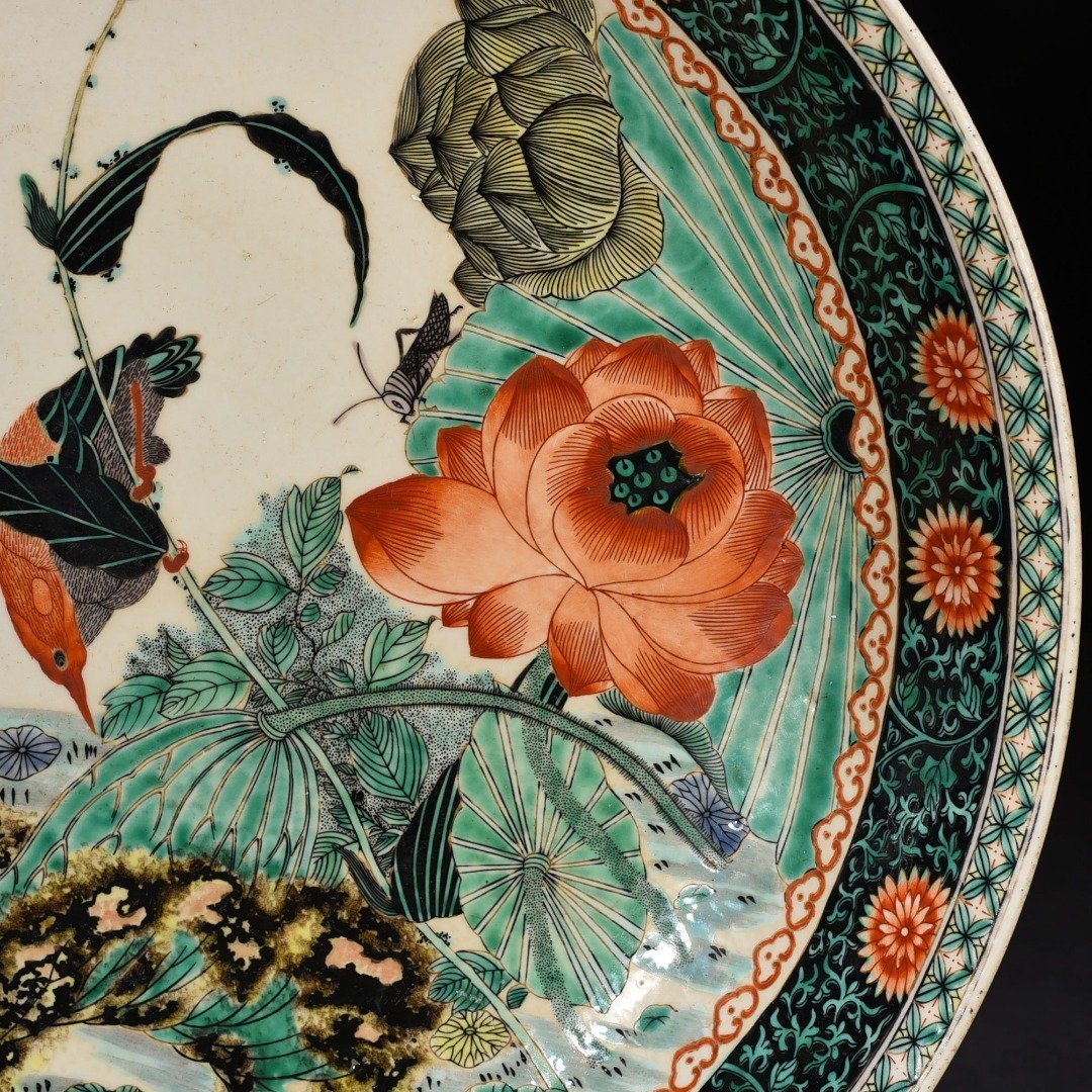 Qing Dynasty Kangxi colorful lotus flower and bird plate