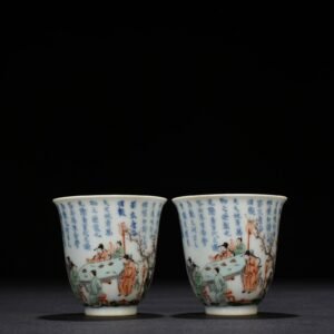 Qing Dynasty Kangxi blue and white colorful peach and plum garden poetry bell cup