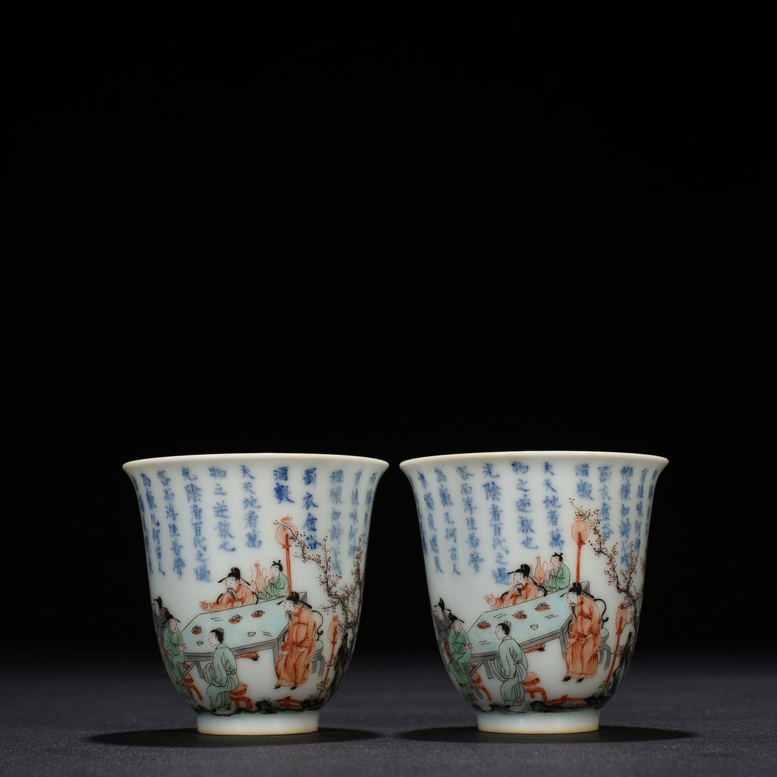 Qing Dynasty Kangxi blue and white colorful peach and plum garden poetry bell cup
